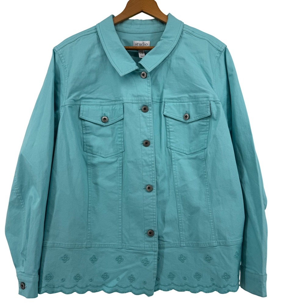 Denim & Co Studio Womens 2X Turquoise Aqua Embroidered Scallop Hem Denim Jacket